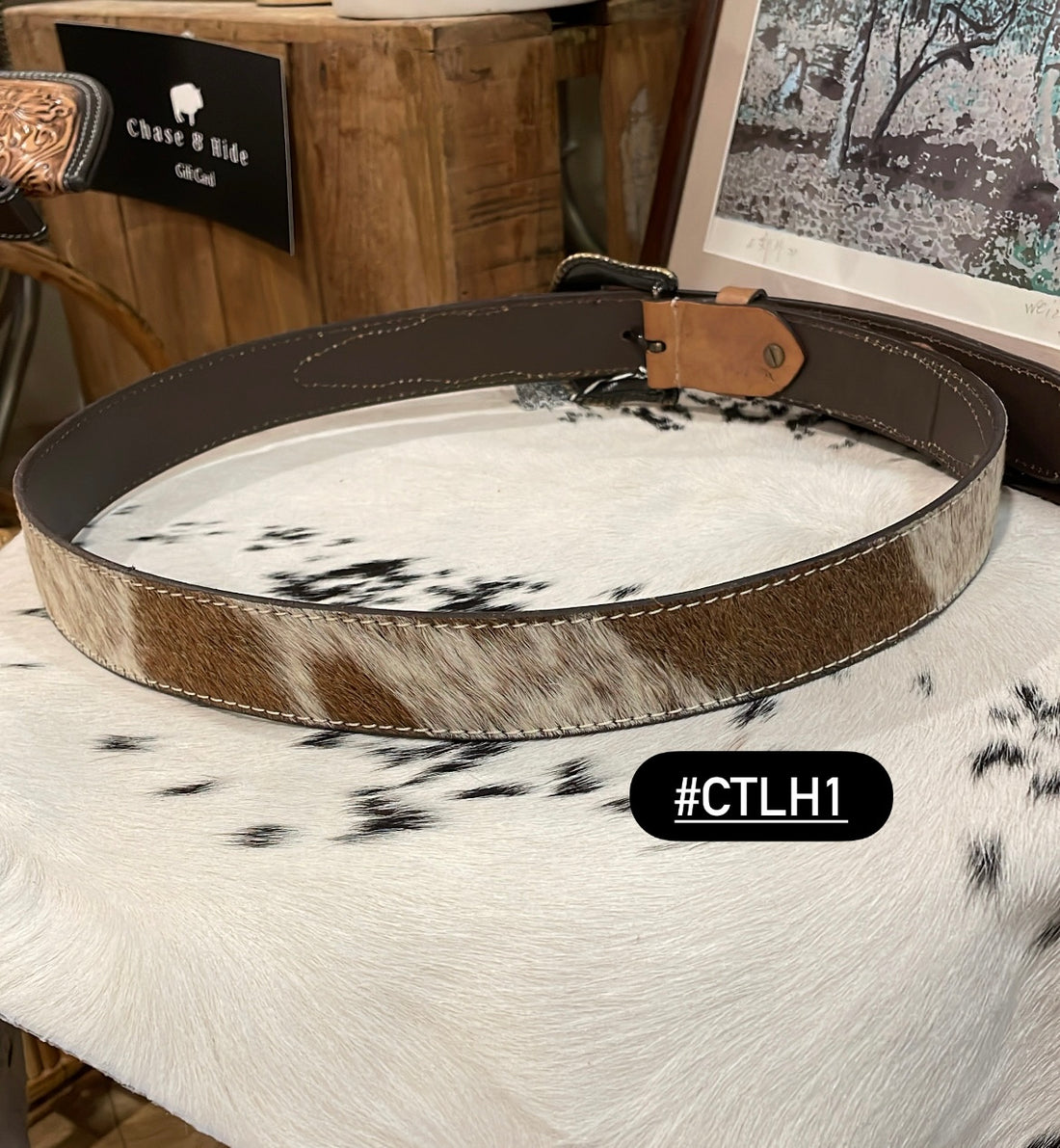 Chocolate Tooled Leather and Hide Belt 
