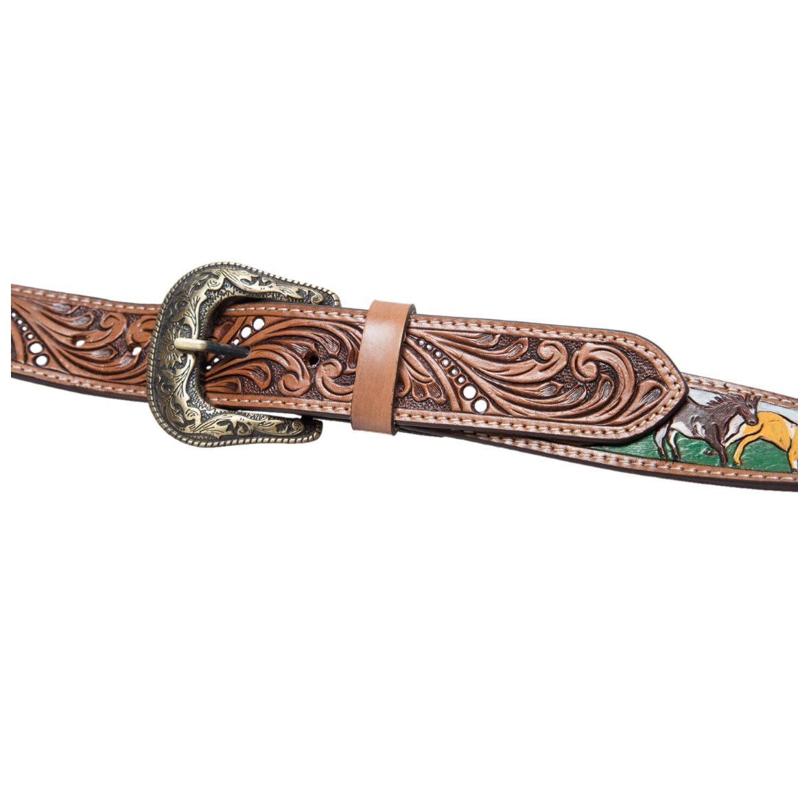 Tooling Leather Belt with Removable Buckle and Horse Paint