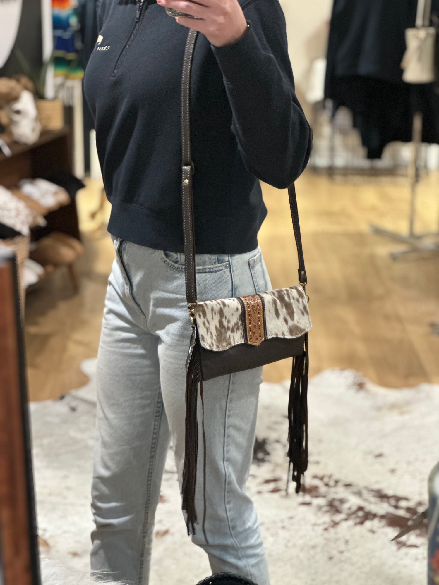 Hand Painted Tooling Leather Flap Cowhide Bag With Fringes – AB74