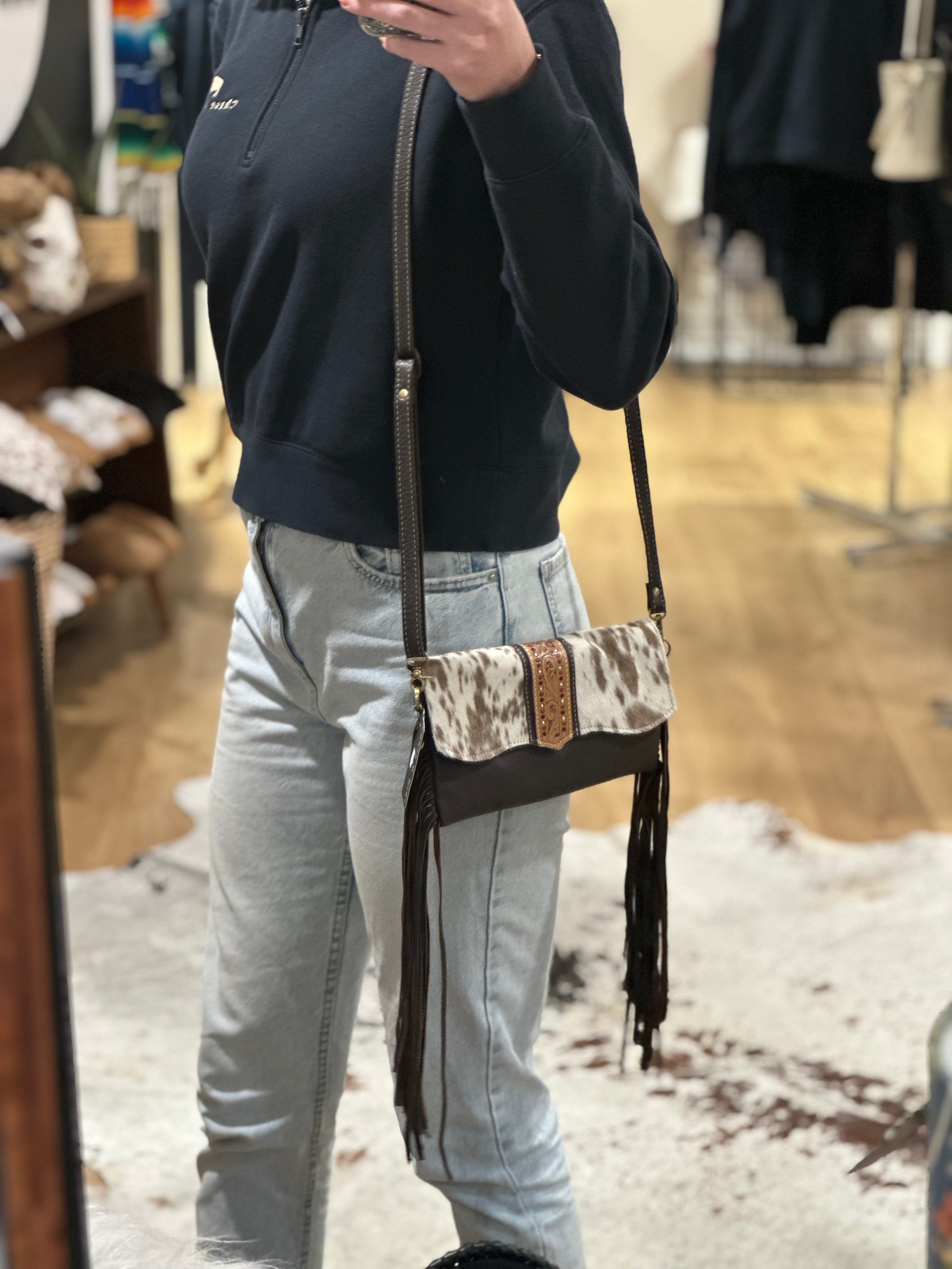 Hand Painted Tooling Leather Flap Cowhide Bag With Fringes – AB74