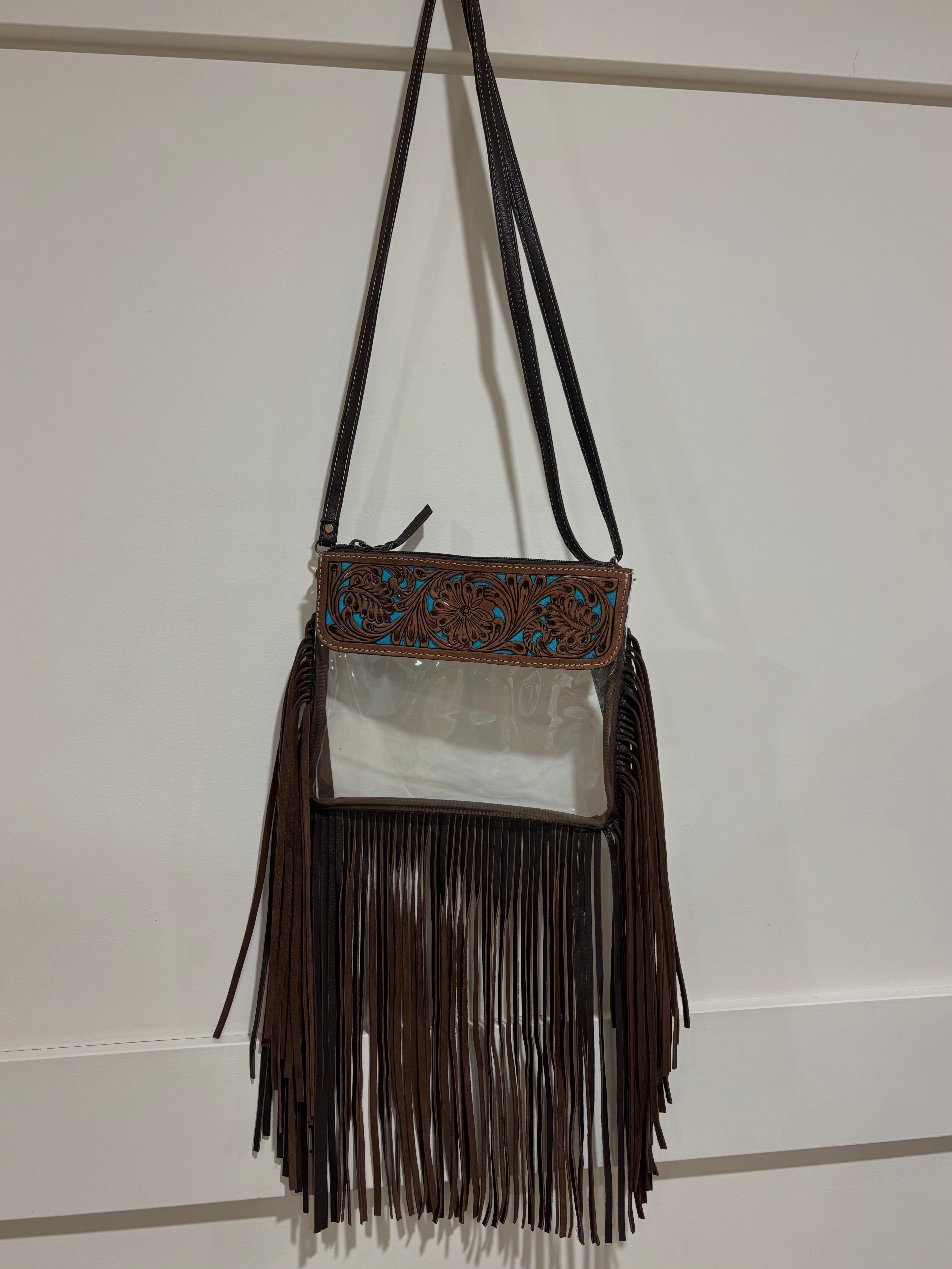 Tooling Leather and Clear Plastic Clutch Bag with Fringes – 