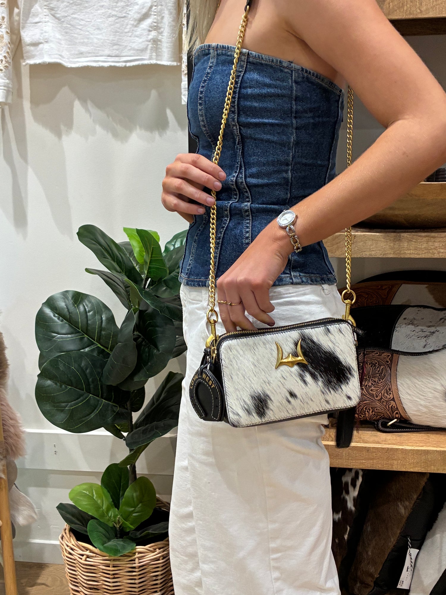 Shell Mini Purse In Black &amp; White Cowhide