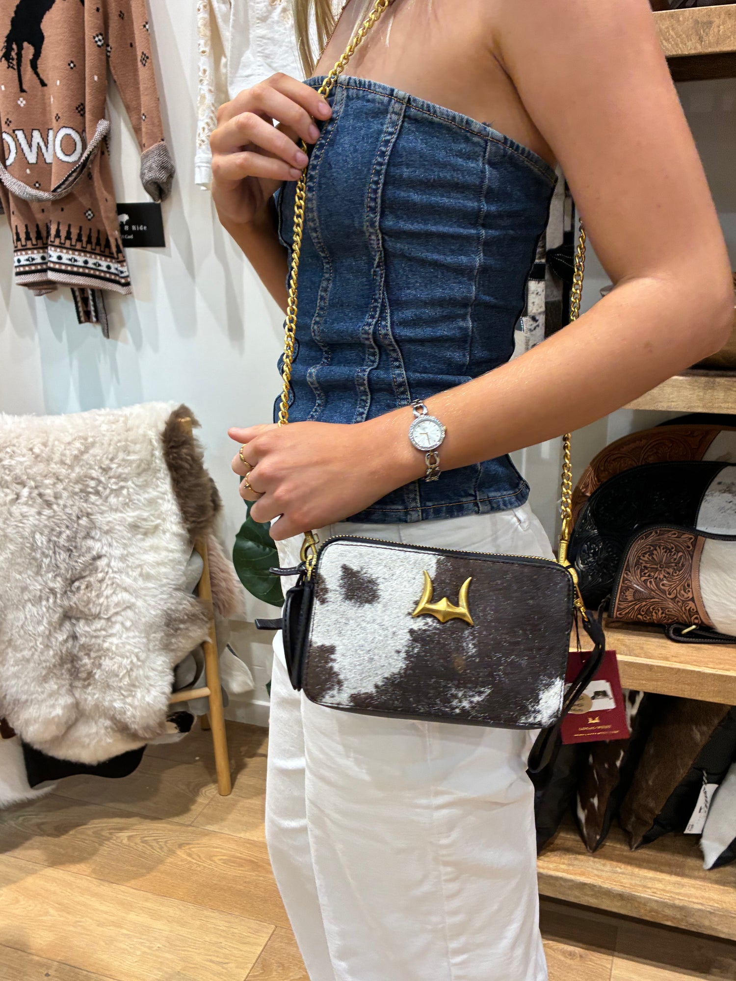 Shell Mini Purse In Black &amp; White Cowhide