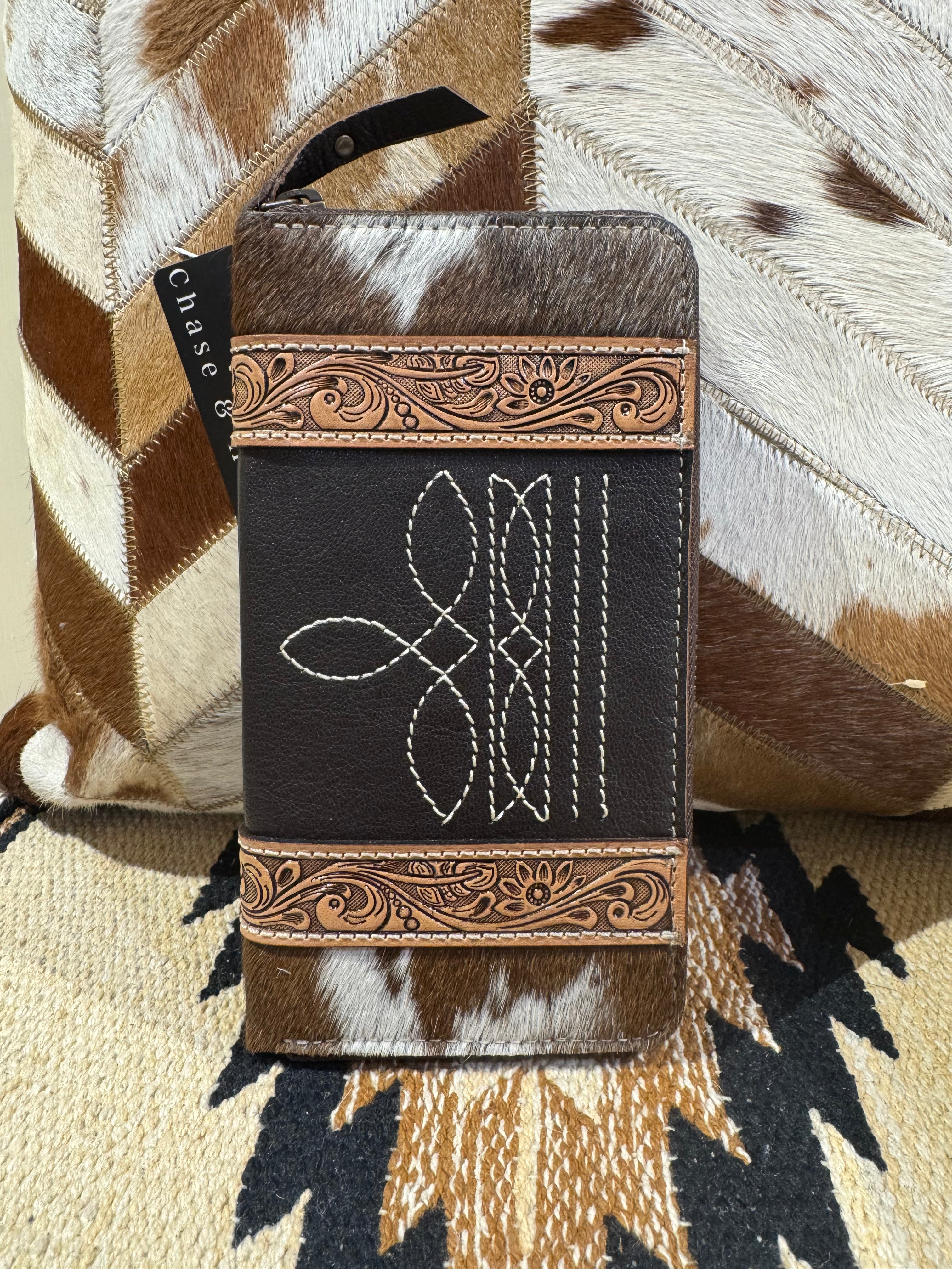 Cowhide and tooling leather boot stitch zippered wallet 