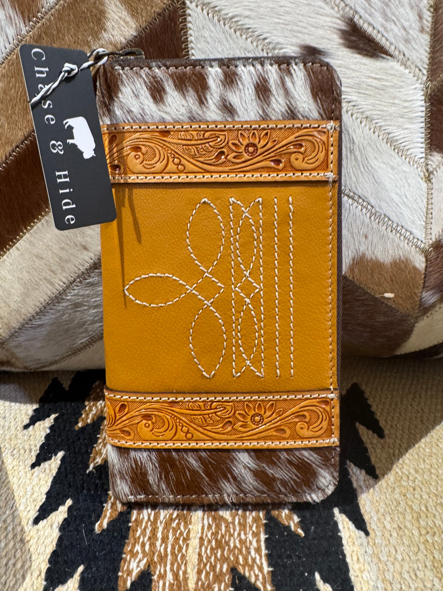 Cowhide and tooling leather boot stitch zippered wallet 