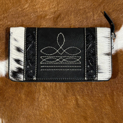 Cowhide and tooling leather boot stitch zippered wallet 