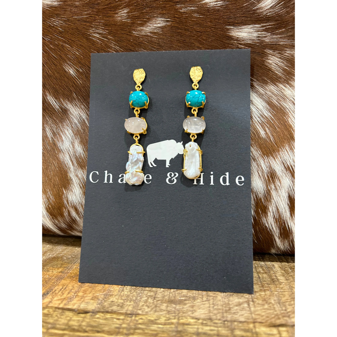 Turquoise, Gem and Pearl Gold drop earrings 