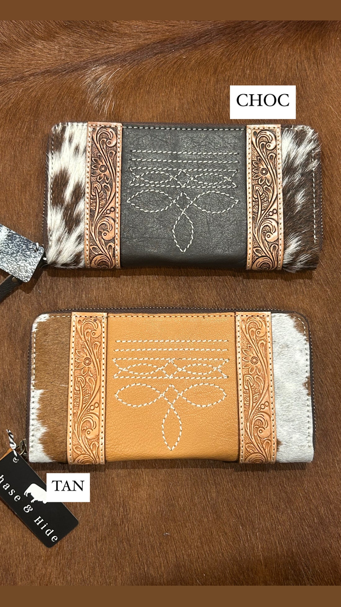 Cowhide and tooling leather boot stitch zippered wallet 