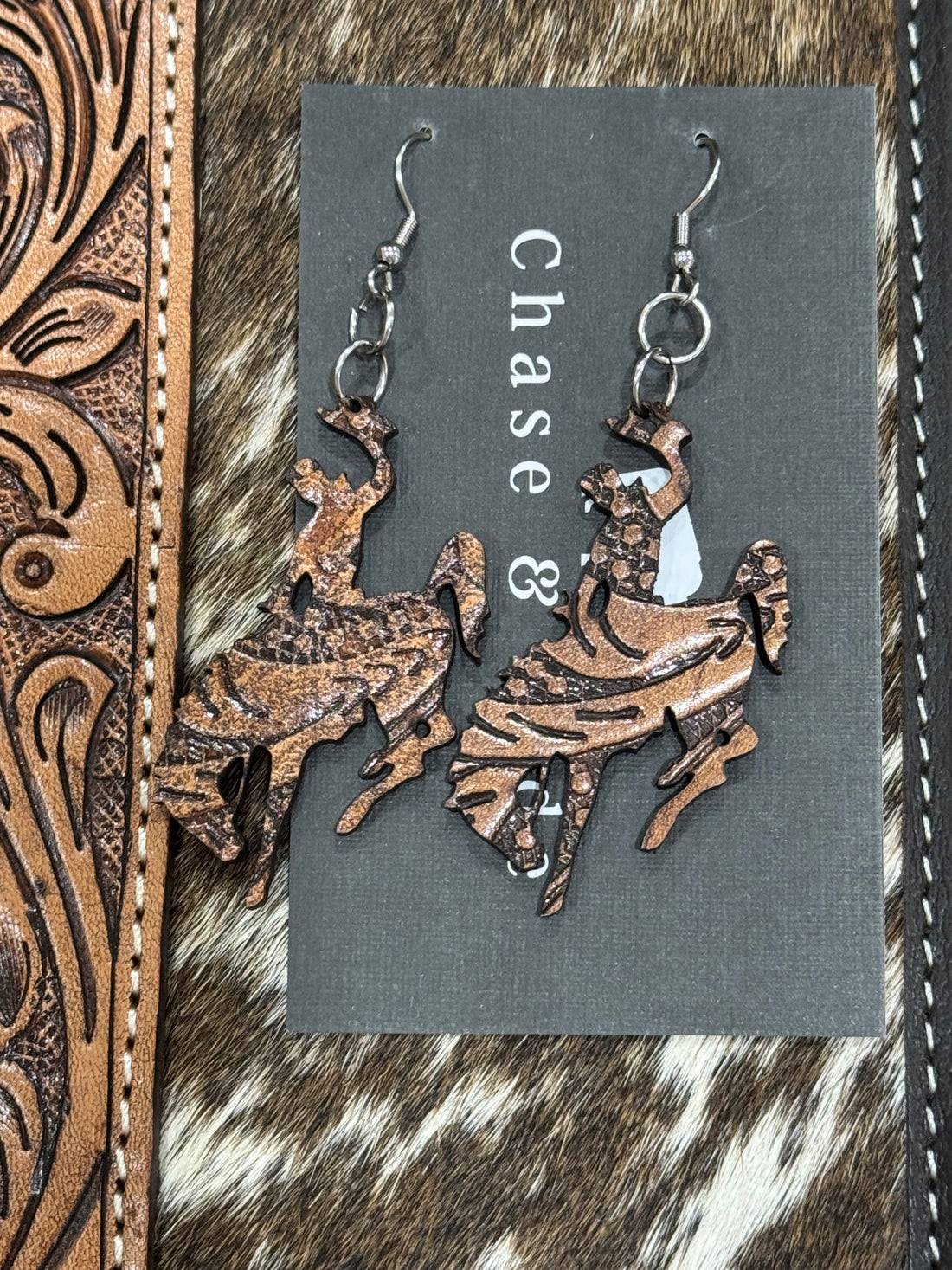 Tooled Bronc Rider earrings- leather Jewellery surgical steel