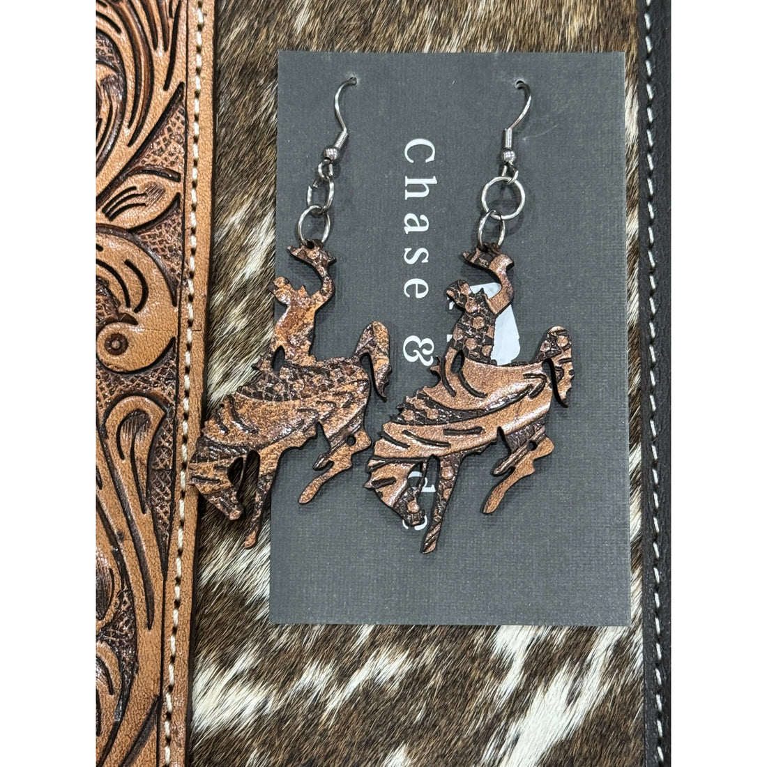Tooled Bronc Rider earrings- leather Jewellery surgical steel