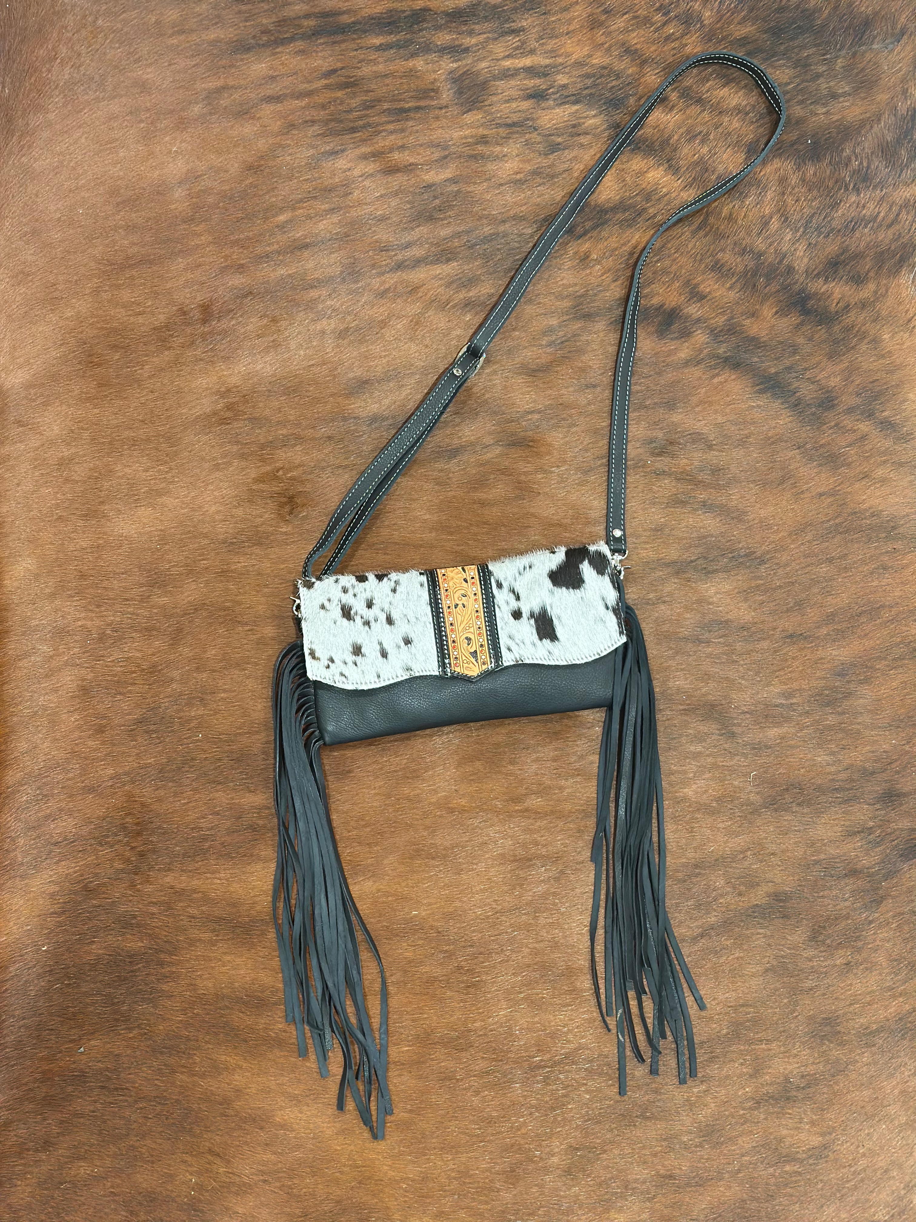 Hand Painted Tooling Leather Flap Cowhide Bag With Fringes – AB74