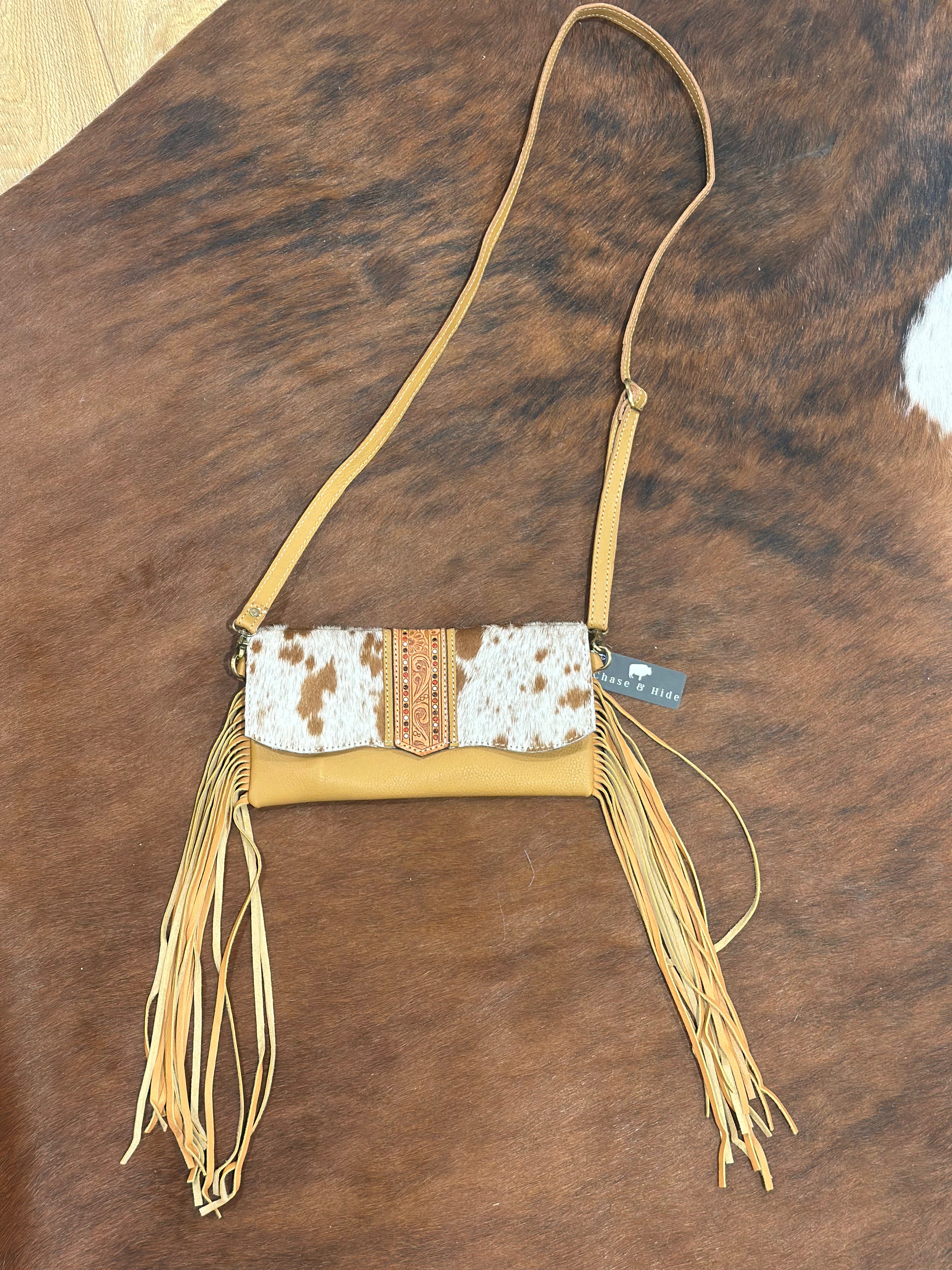 Hand Painted Tooling Leather Flap Cowhide Bag With Fringes – AB74