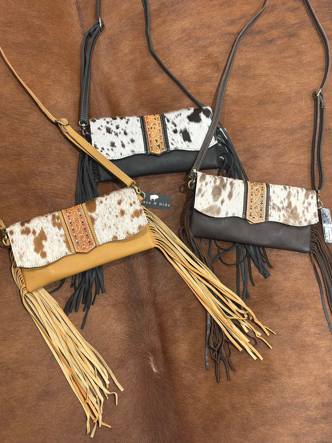 Hand Painted Tooling Leather Flap Cowhide Bag With Fringes – AB74