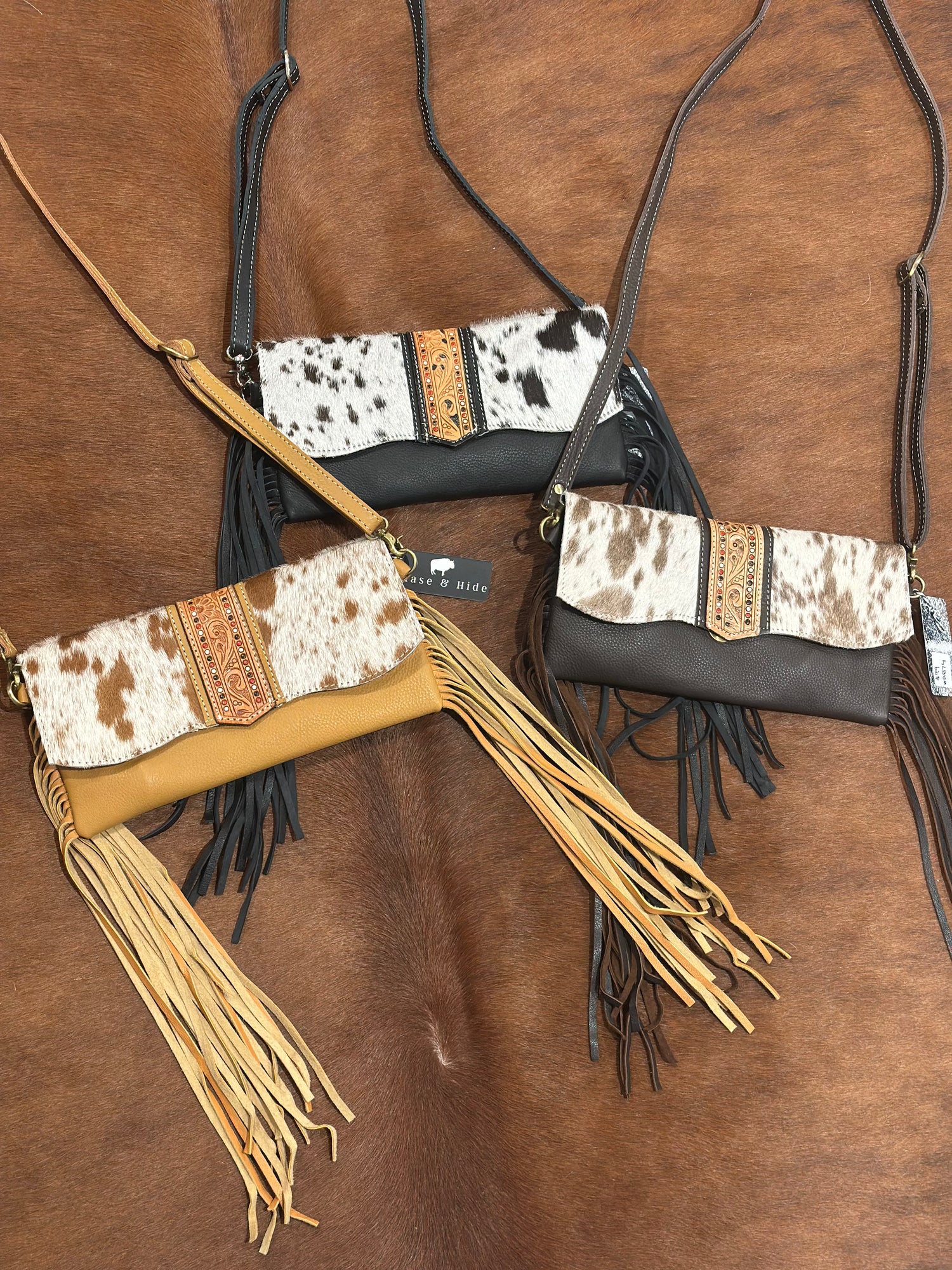 Hand Painted Tooling Leather Flap Cowhide Bag With Fringes – AB74