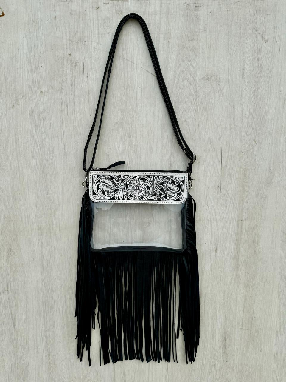 Tooling Leather and Clear Plastic Clutch Bag with Fringes – 