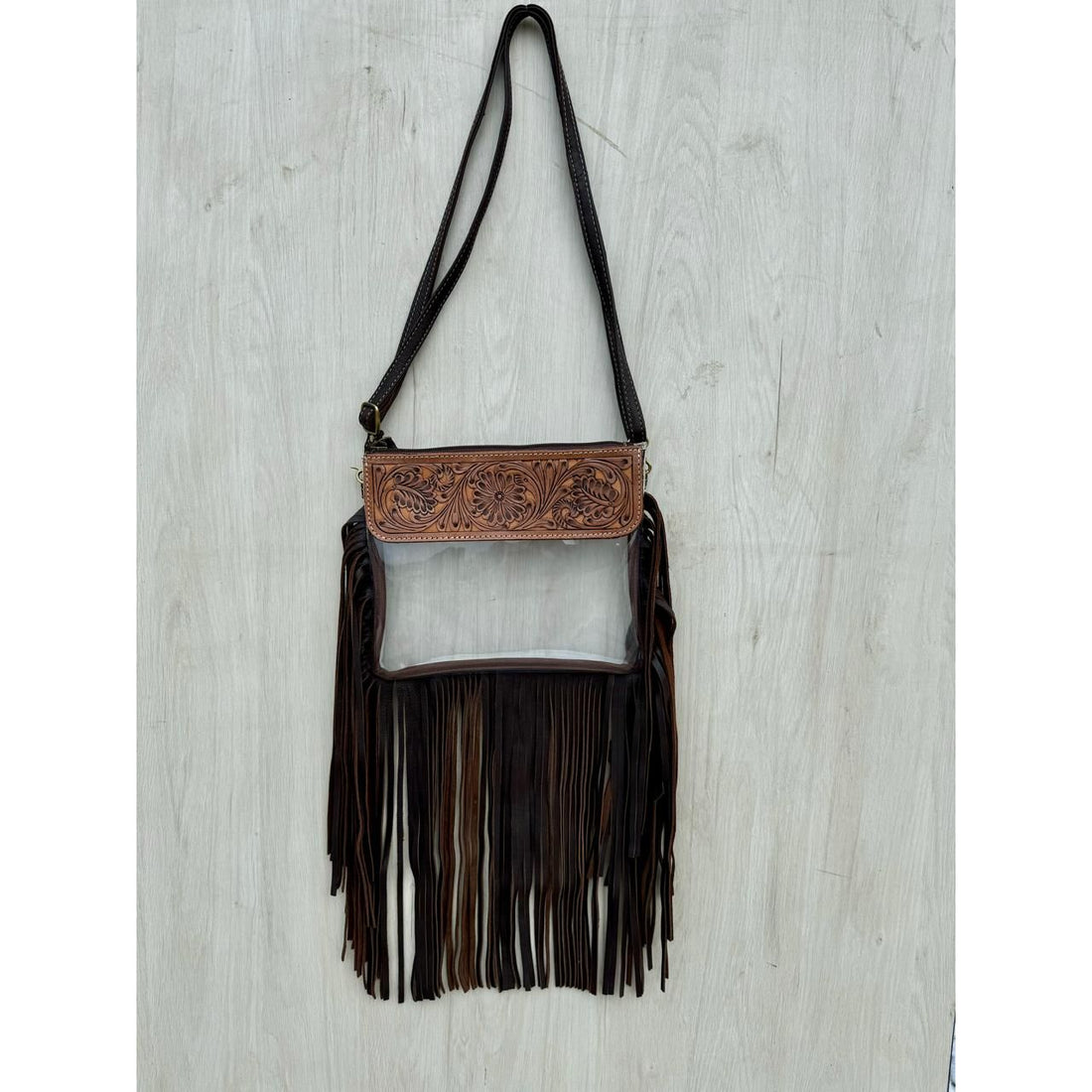 Tooling Leather and Clear Plastic Clutch Bag with Fringes –