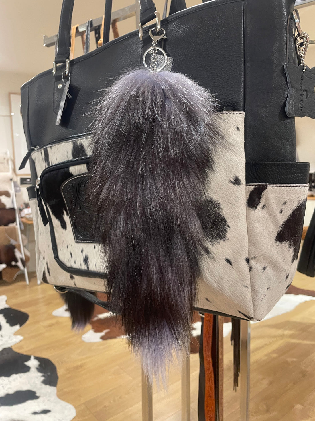 Blue/grey and black Fox Tail Keyring / keychain 