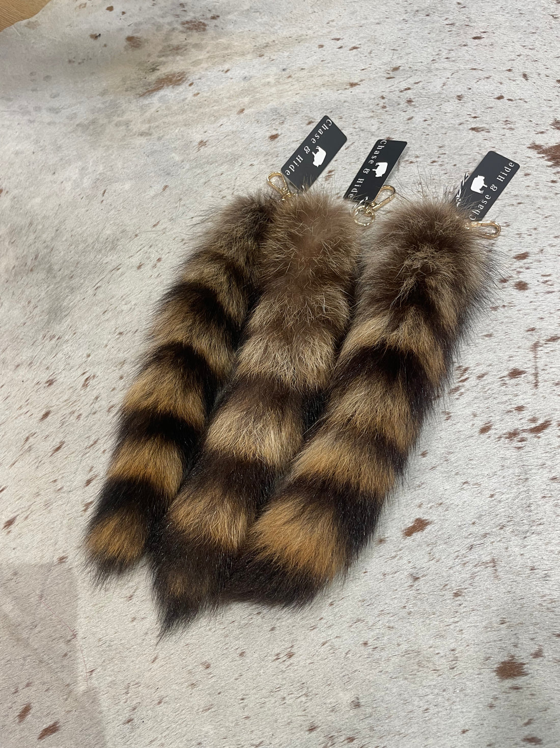 Black and brown striped Fox Tail RACOON Keyring / keychain