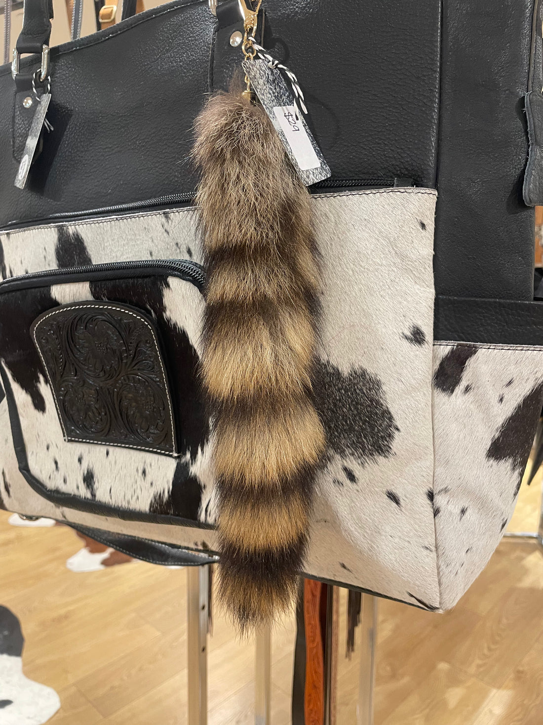 Black and brown striped Fox Tail RACOON Keyring / keychain 