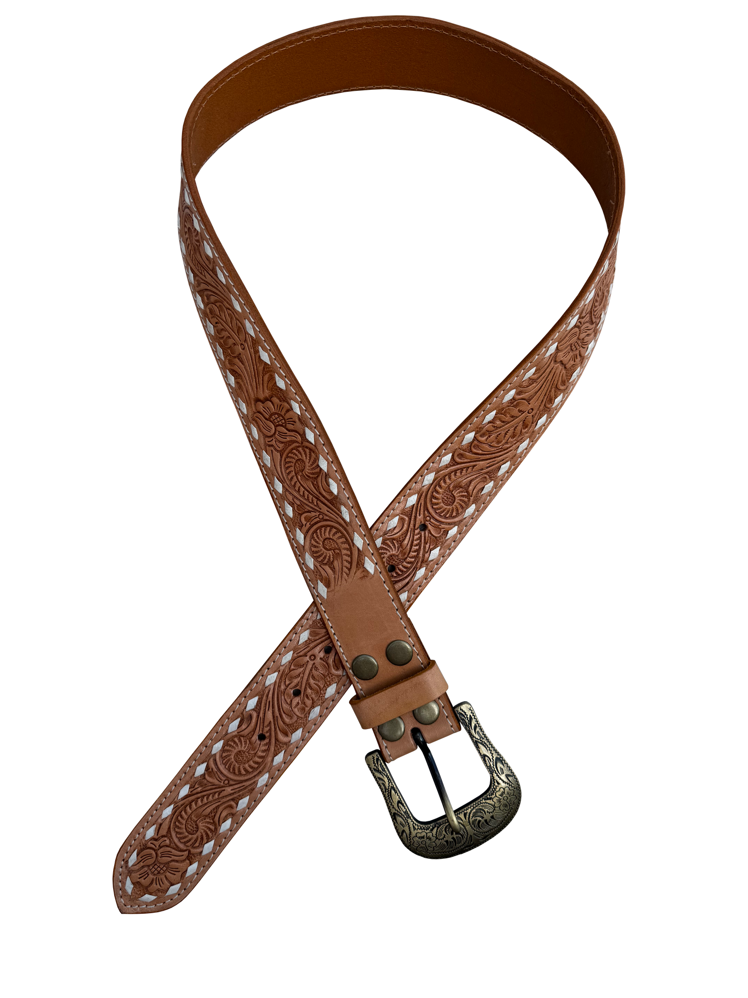 Tan stitched tooling leather belt