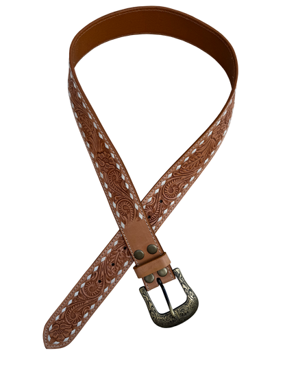 Tan stitched tooling leather belt 