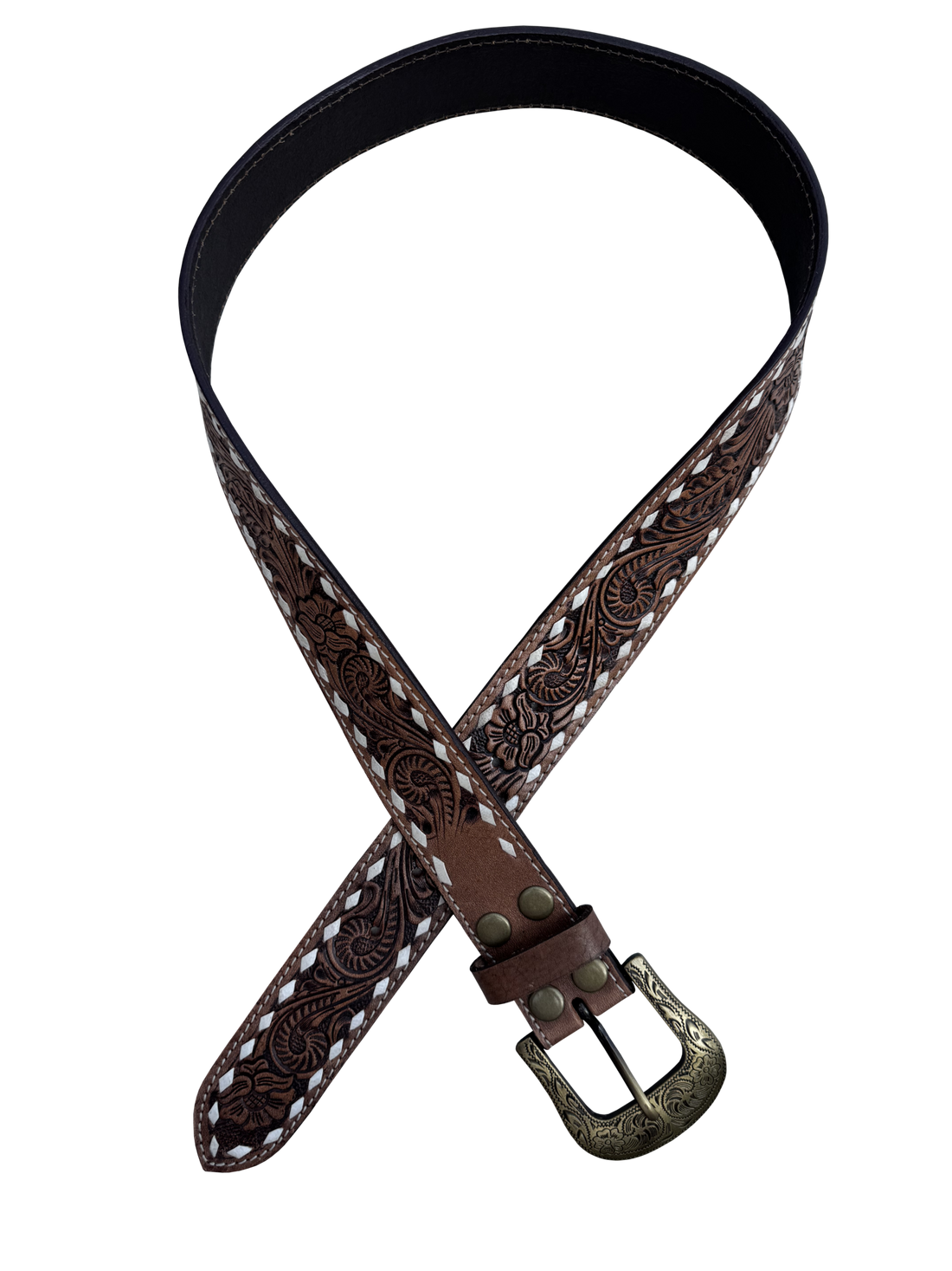 Chocolate stitched tooled leather belt 