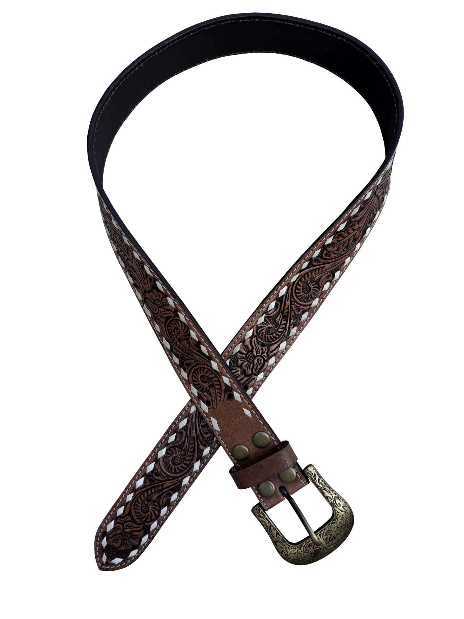 Chocolate stitched tooled leather belt 