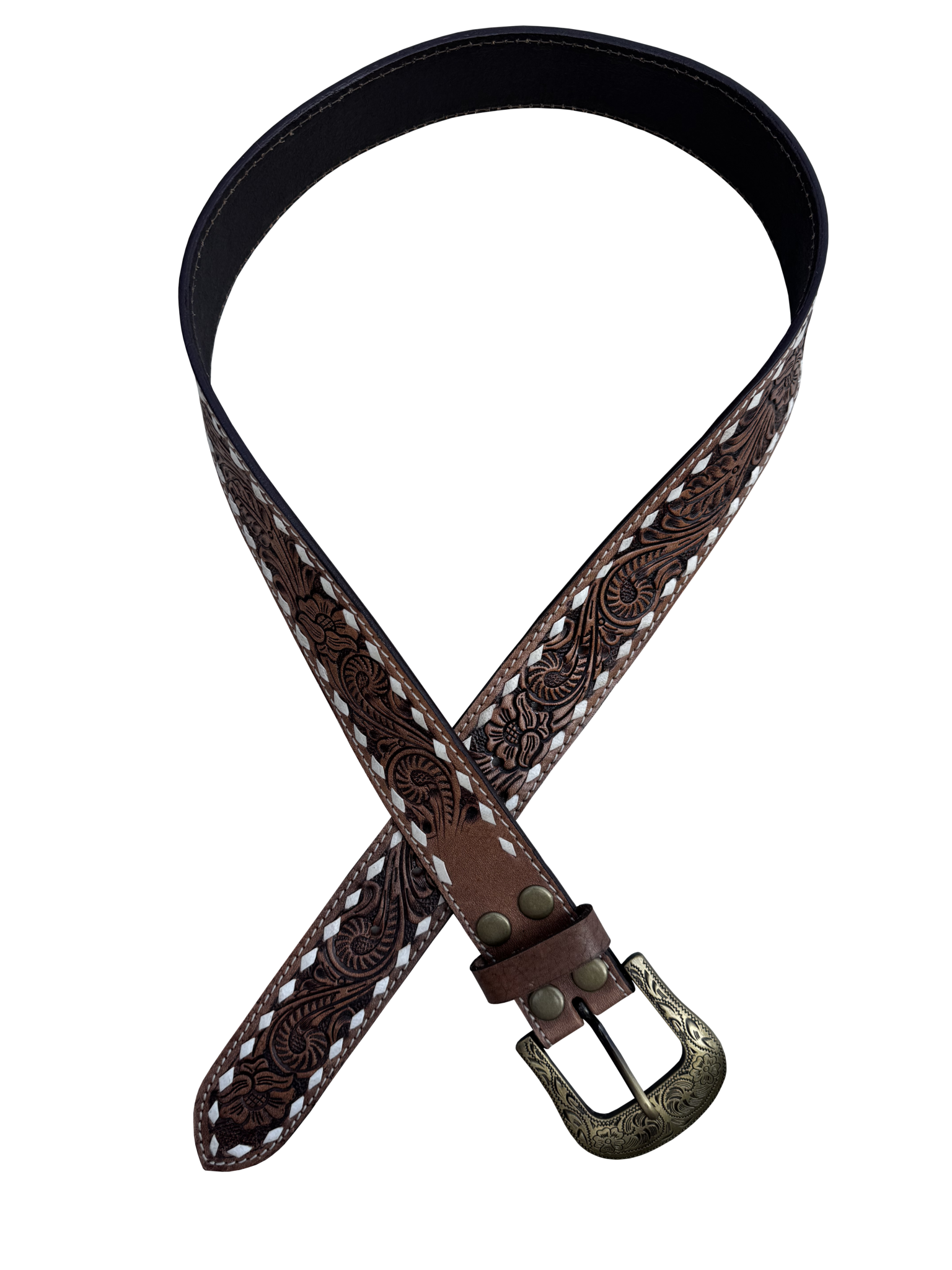 Chocolate stitched tooled leather belt 