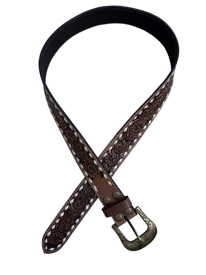 Chocolate Buck stitched tooled leather belt 