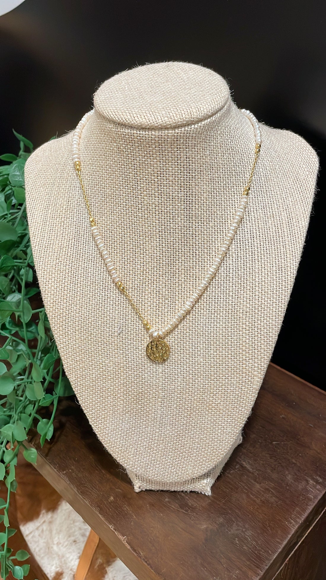 Pearl and Gold Necklace with Hammered Pendent 