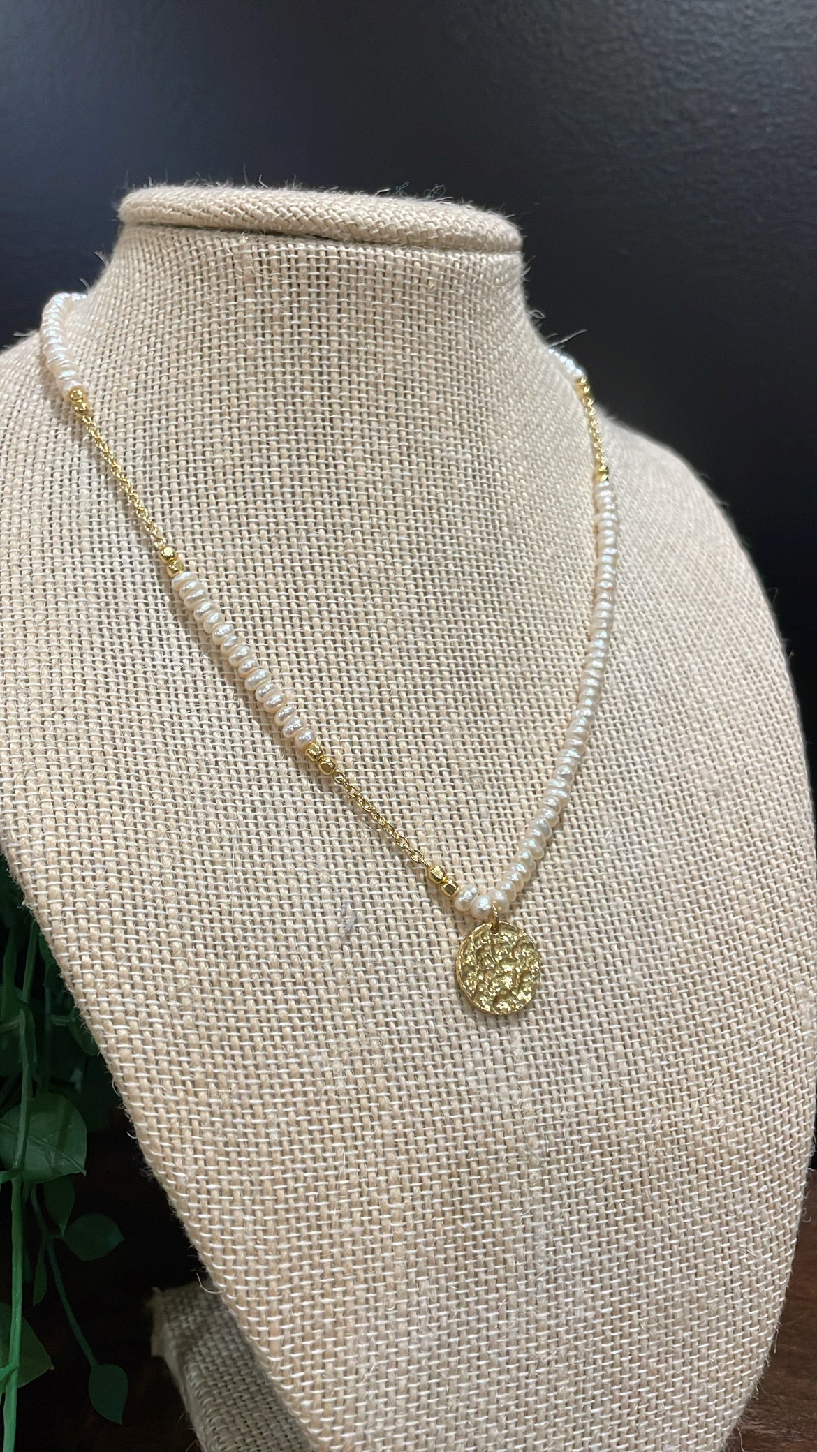 Pearl and Gold Necklace with Hammered Pendent 