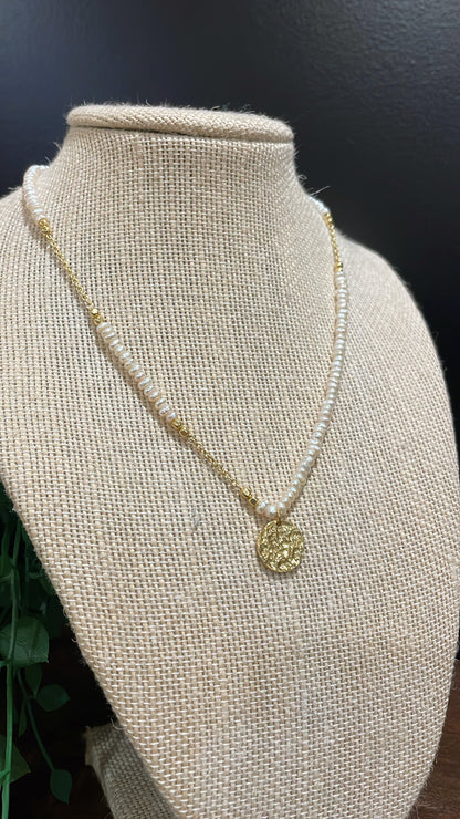 Pearl and Gold Necklace with Hammered Pendent 