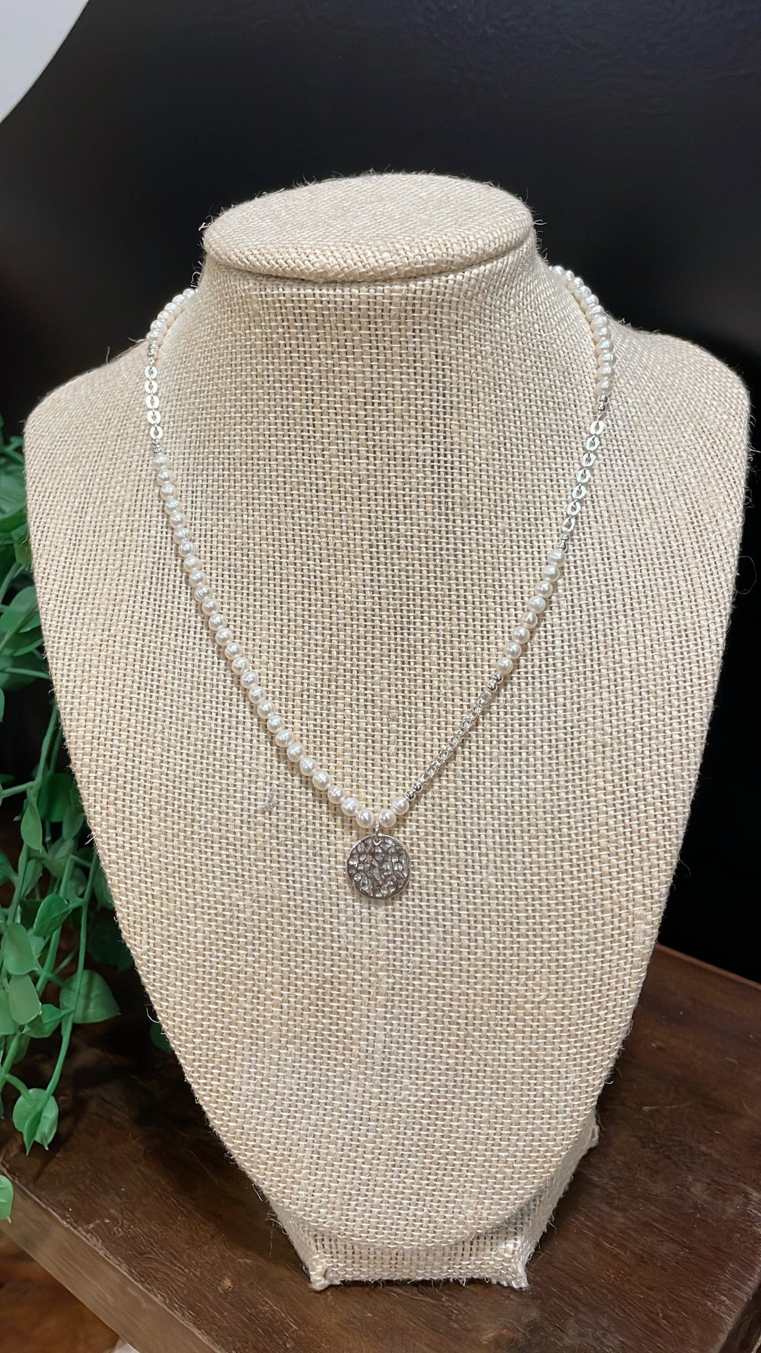 Pearl and Silver Necklace with Hammered Pendent 