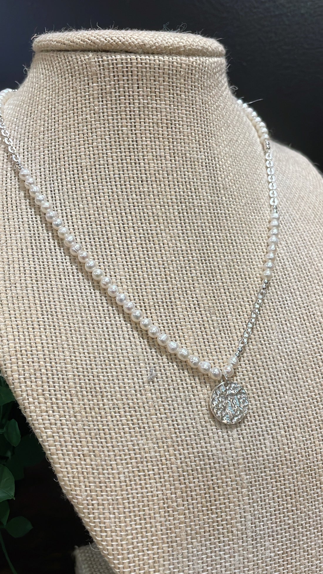Pearl and Silver Necklace with Hammered Pendent 