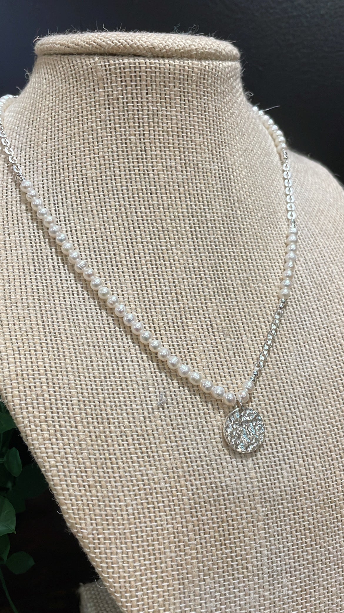 Pearl and Silver Necklace with Hammered Pendent 