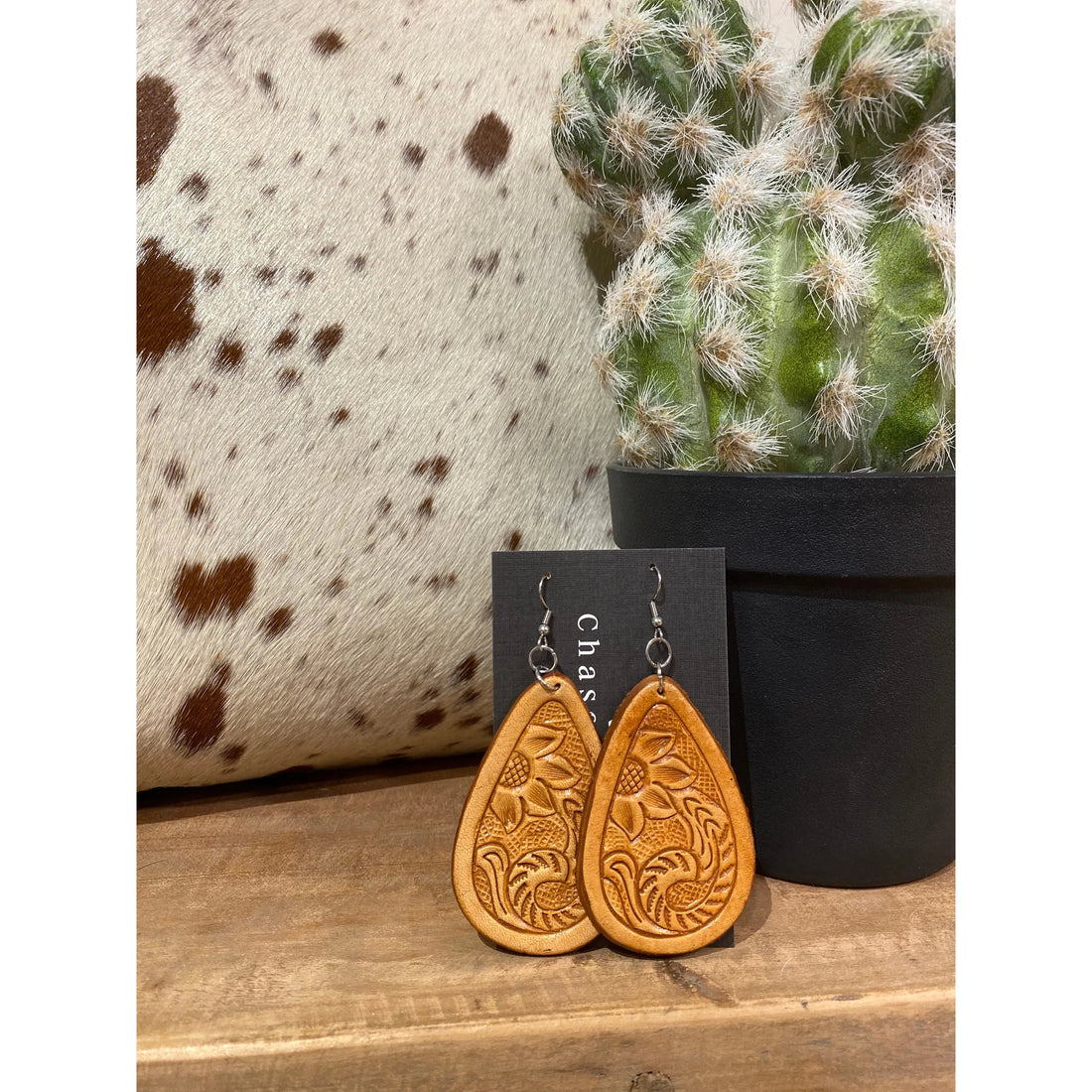Tooled Leather Tear drop earrings