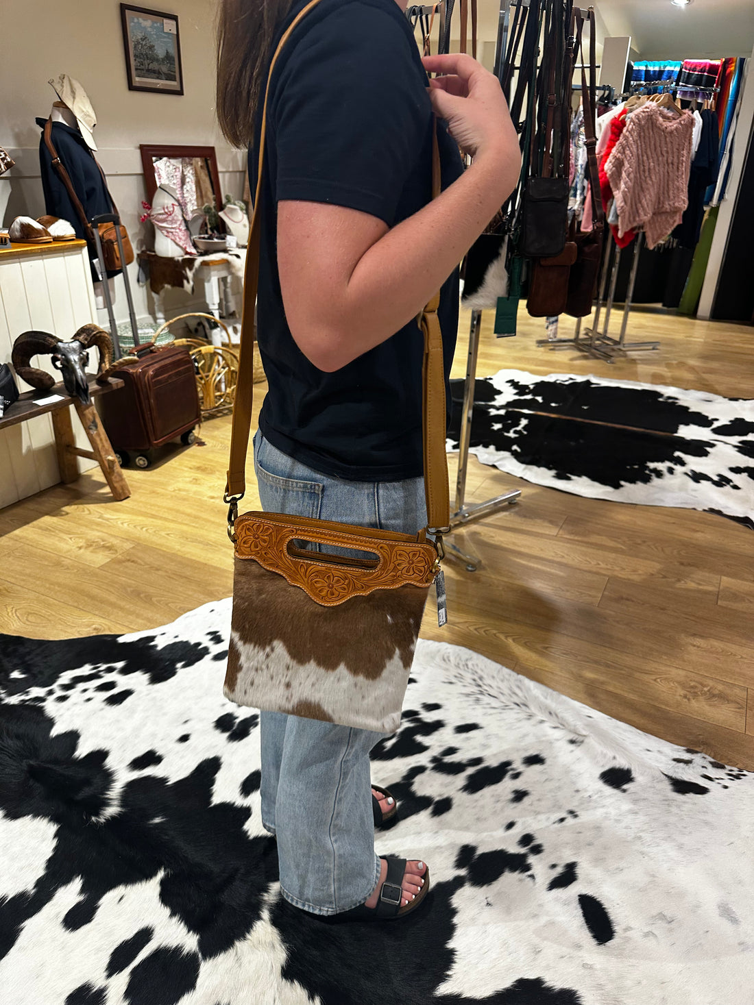 Sundance hide &amp; tooled leather handbag 