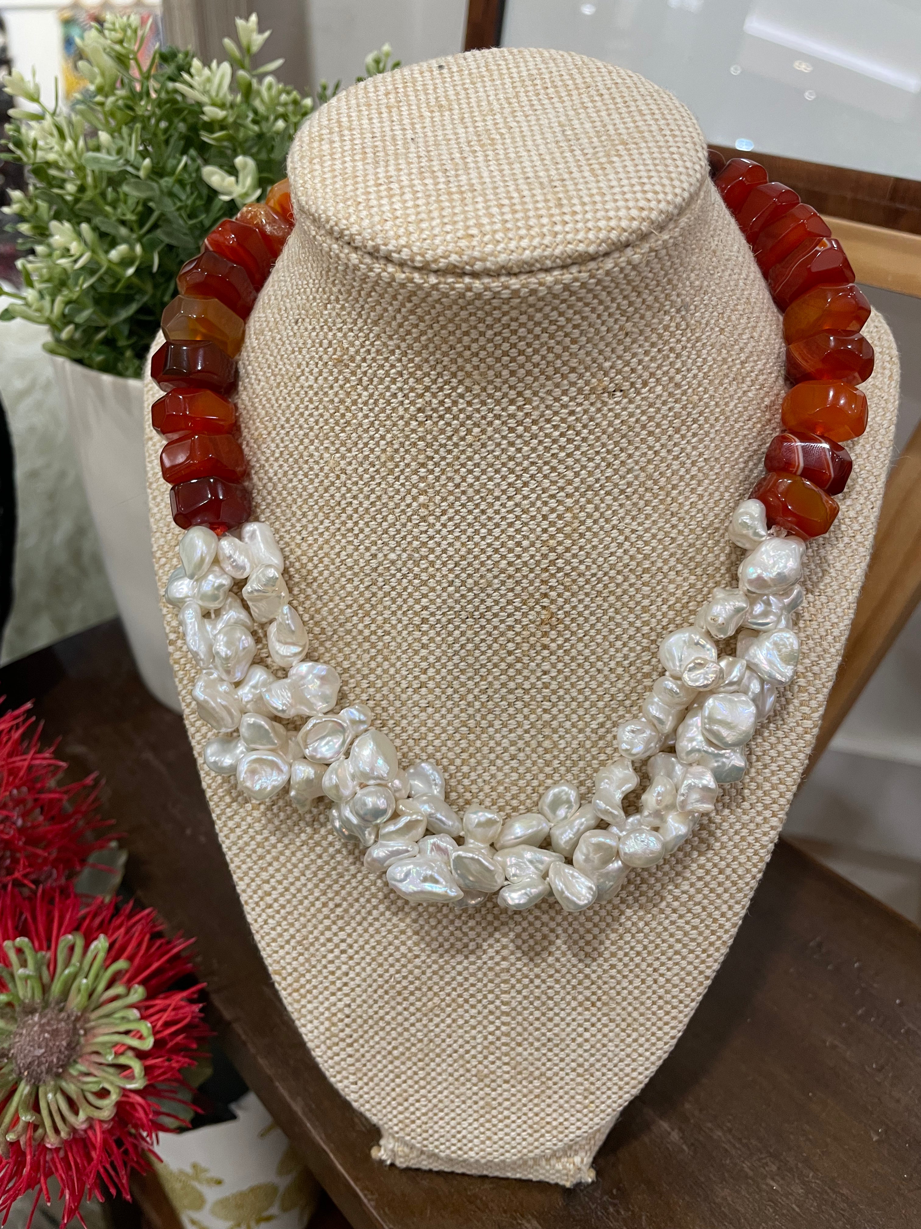 Tangerine Faceted Agate and Freshwater Keshi Pearl Necklace 