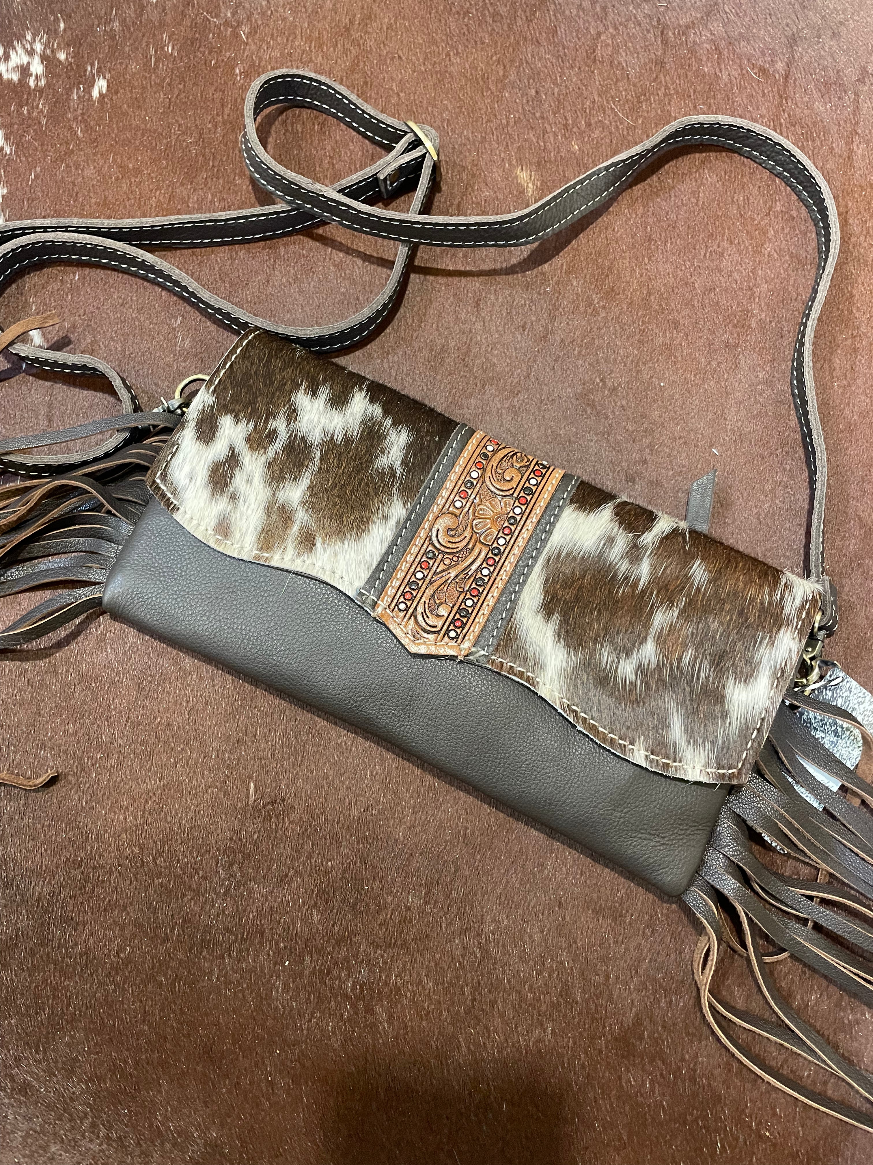 Hand Painted Tooling Leather Flap Cowhide Bag With Fringes – AB74