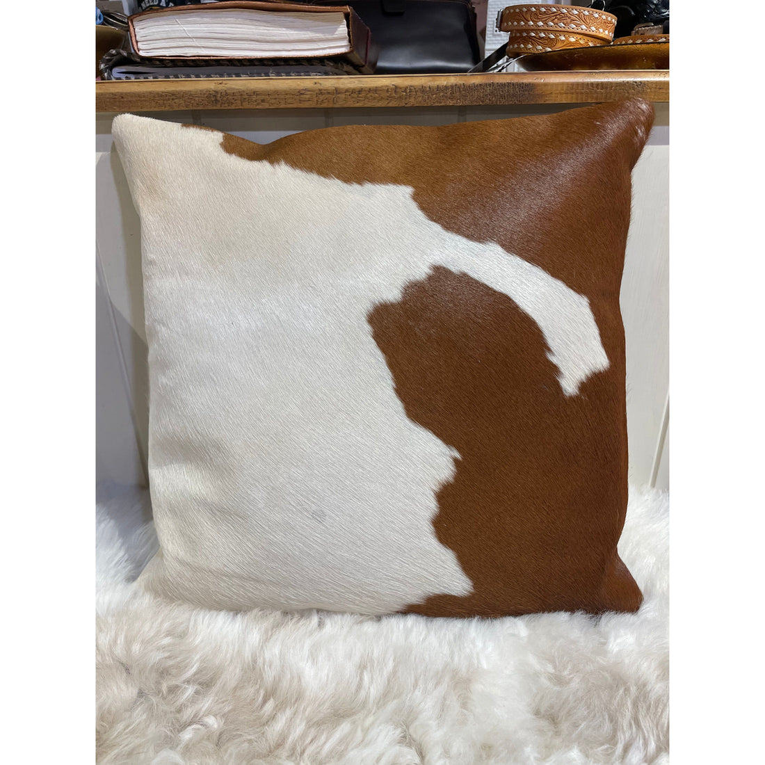 Cowhide Cushion Cover with Leather Back | 40x40cm Genuine Cowhide Pillow | Rustic Western Home Decor