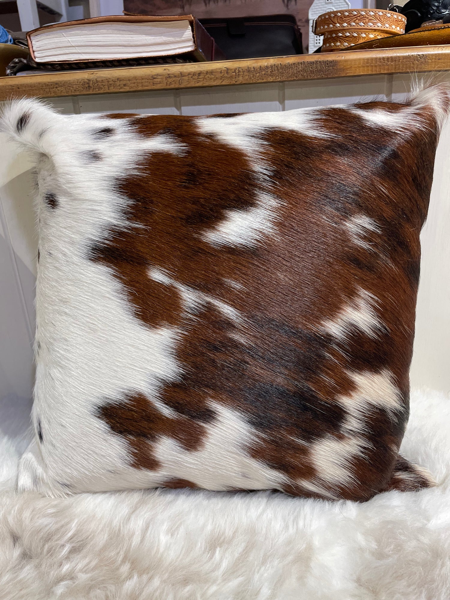 Cowhide Cushion Cover with Leather Back | 40x40cm Genuine Cowhide Pillow | Rustic Western Home Decor
