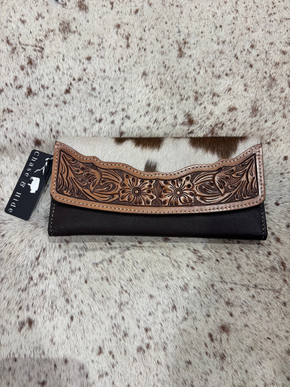 Tooled and Cowhide Leather Wallet 