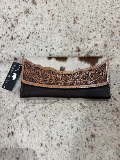 Tooled and Cowhide Leather Wallet 
