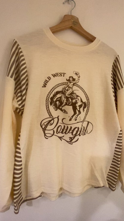 Lemon Western Print Colorblocked Long Sleeve Cotton Blouse