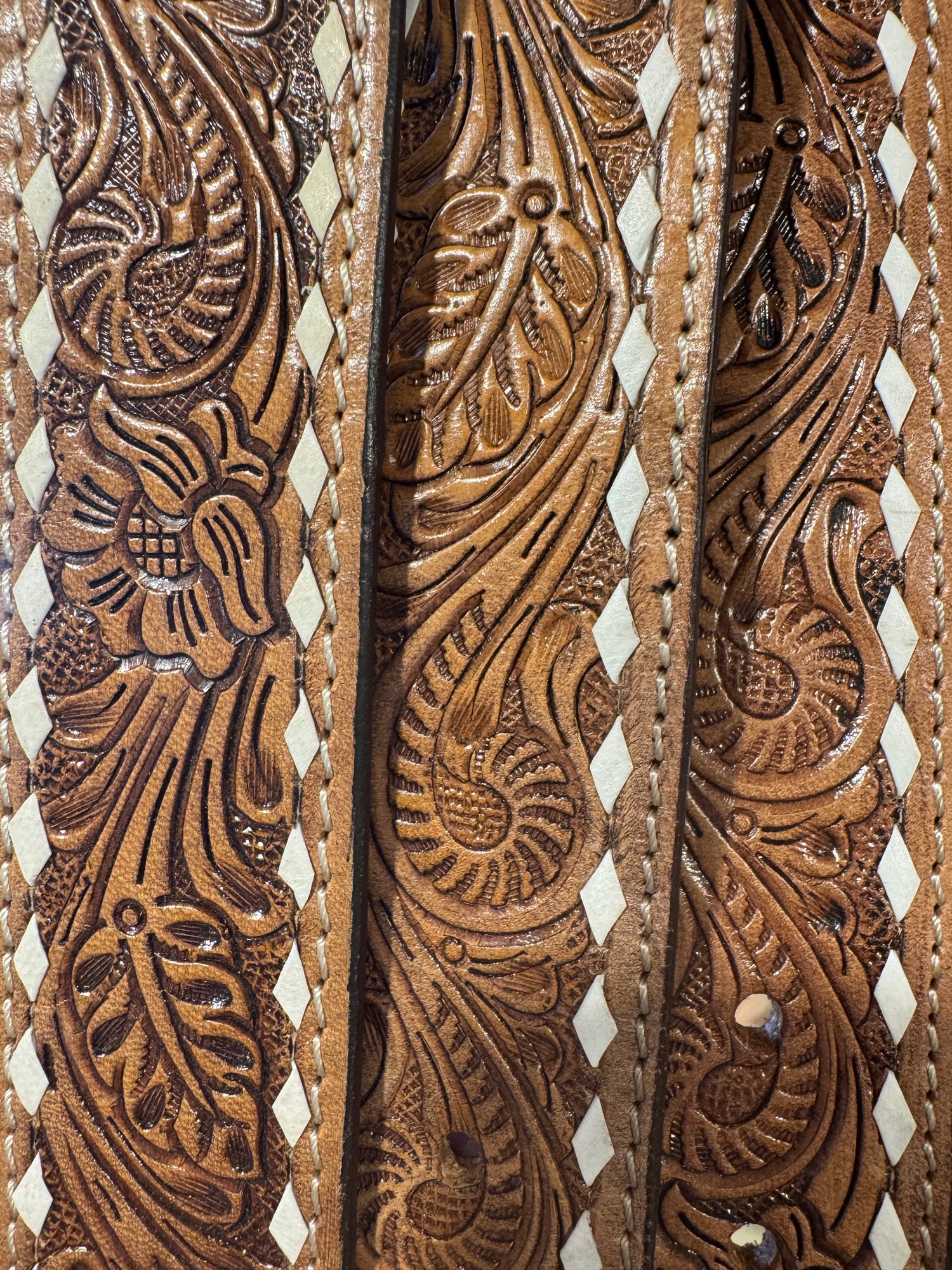 Chocolate Buck stitched tooled leather belt 