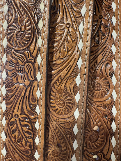 Chocolate Buck stitched tooled leather belt 