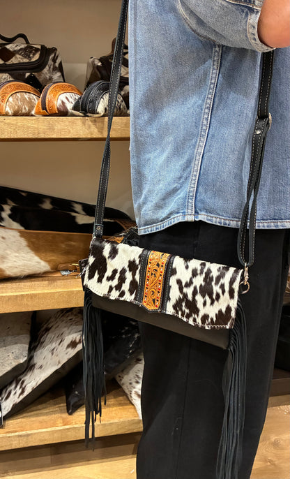 Hand Painted Tooling Leather Flap Cowhide Bag With Fringes – AB74