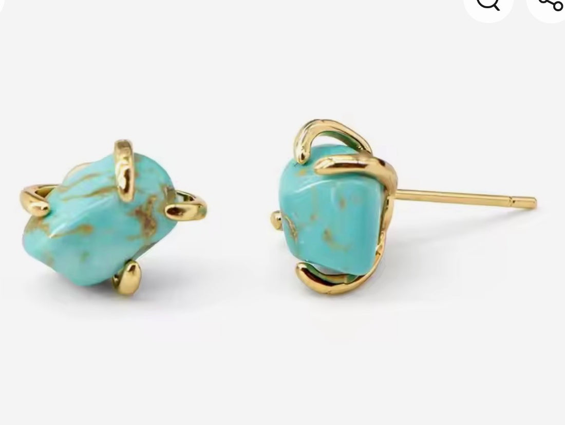 Natural Turquoise Stud Earrings – Gold Plated