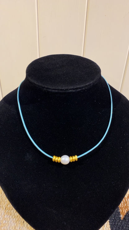 Freshwater Pearl &amp; gold plated beads on turquoise leather