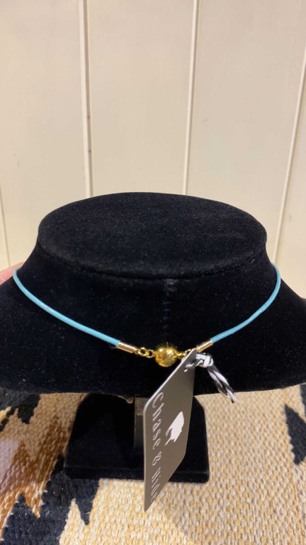 Freshwater Pearl &amp; gold plated beads on turquoise leather